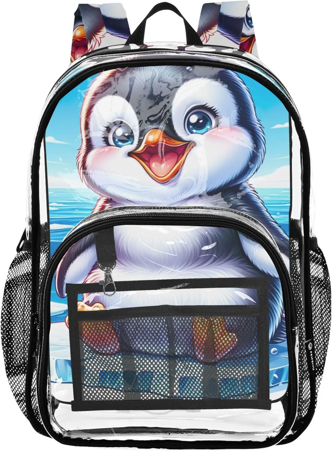 Cute Polar Penguin Print Travel Clear Backpack Floral Boys Backpacks for Girls School Clear Plastic Bag Pvc
