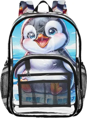 Cute Polar Penguin Print Travel Clear Backpack Floral Boys Backpacks for Girls School Clear Plastic Bag Pvc
