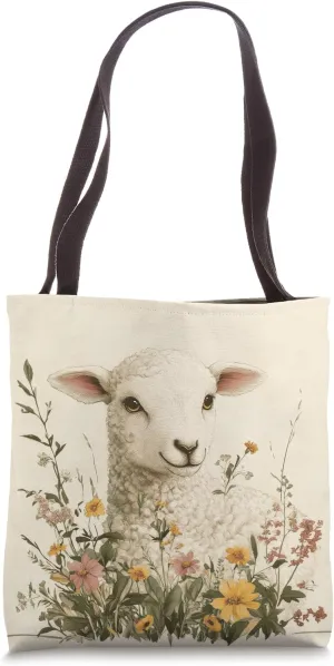 Cute Sheep in Floral Garden Illustration Vintage Farmhouse Tote Bag