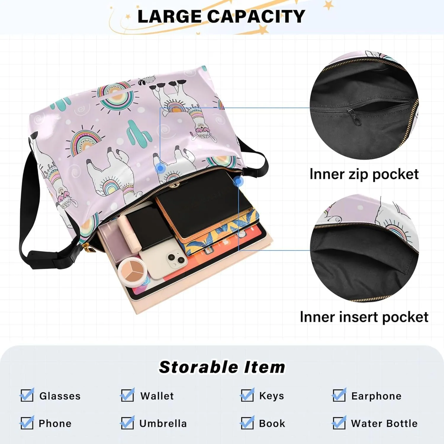 Cute Unicorn Llama Alpaca Blue Ladies Leather Purses Hobo Leather Purse Men Pattern Animal Print Crossbody Hobo Bags