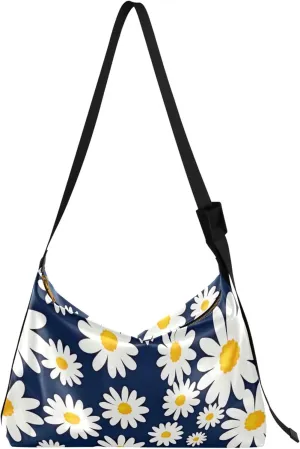 Daisy on Dark Blue Soft PU Leather Hobo Bags Large Crossbody Purse Fashion Leaf Print Women Shoulder Hobo Bag