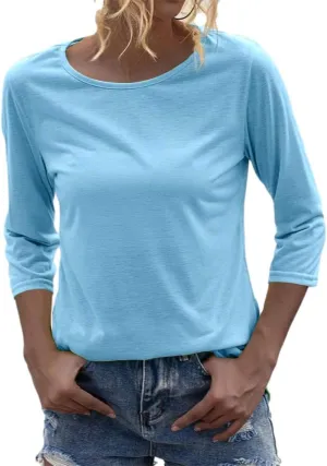 Danedvi Women Fashion O-Neck 3/4 Sleeve T Shirt Solid Casual Basic Tops