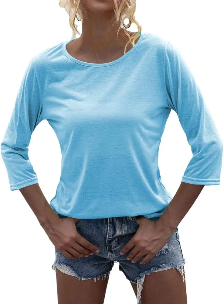 Danedvi Women Fashion O-Neck 3/4 Sleeve T Shirt Solid Casual Basic Tops