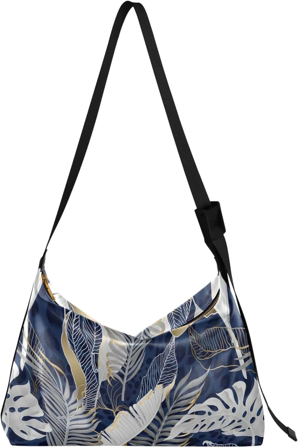 Dark Blue Tropical Leaves Gold PU Leather Shoulder Bag Hobo Large Men Purses Art Animal Print Ladies Hobo Handbag