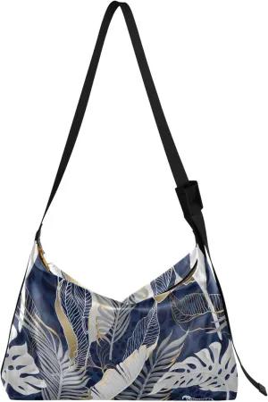 Dark Blue Tropical Leaves Gold PU Leather Shoulder Bag Hobo Large Men Purses Art Animal Print Ladies Hobo Handbag