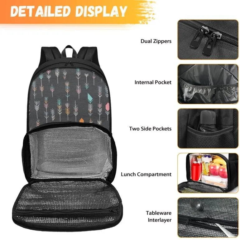 Dark Gray Arrow Pattern Carry On Backpack and Lunch Bag Retro Abstract Feather Painting Lady Insulated Cooler Backpack 2 in 1 Casual Backpack
