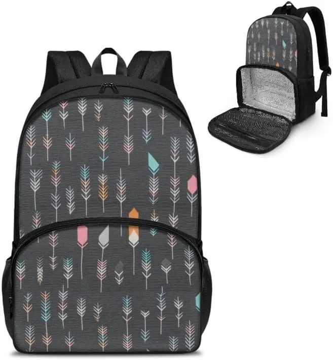 Dark Gray Arrow Pattern Carry On Backpack and Lunch Bag Retro Abstract Feather Painting Lady Insulated Cooler Backpack 2 in 1 Casual Backpack