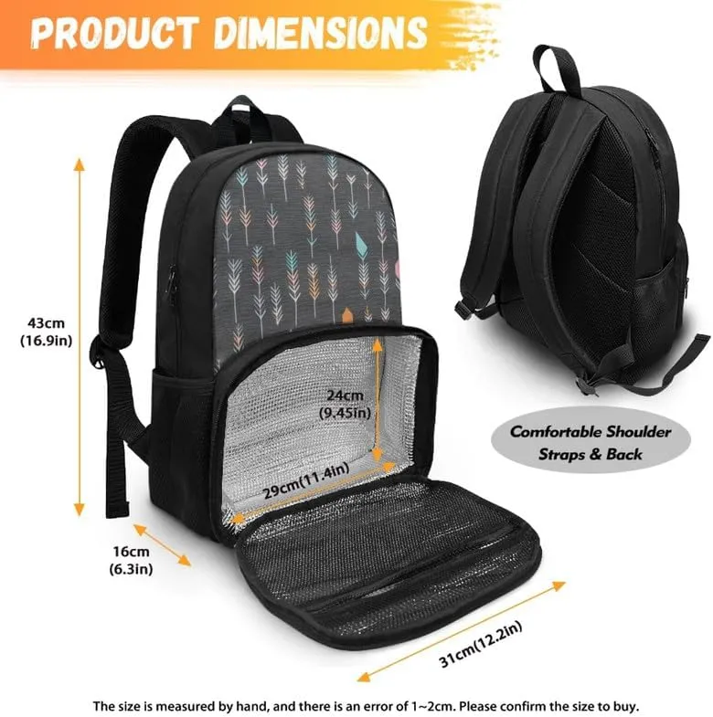 Dark Gray Arrow Pattern Carry On Backpack and Lunch Bag Retro Abstract Feather Painting Lady Insulated Cooler Backpack 2 in 1 Casual Backpack