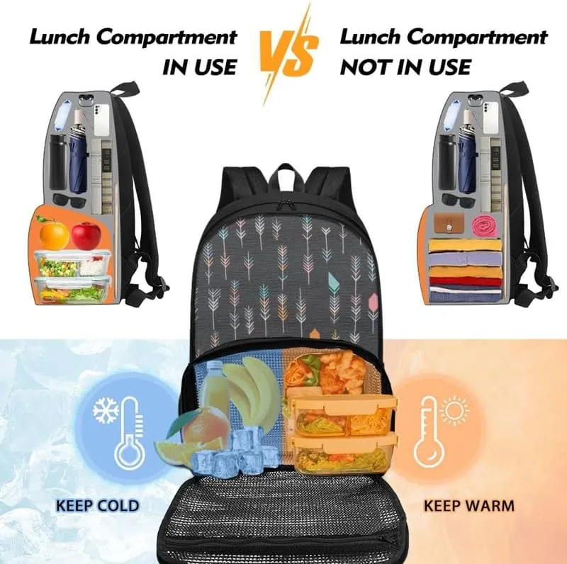 Dark Gray Arrow Pattern Carry On Backpack and Lunch Bag Retro Abstract Feather Painting Lady Insulated Cooler Backpack 2 in 1 Casual Backpack