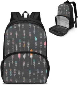 Dark Gray Arrow Pattern Carry On Backpack and Lunch Bag Retro Abstract Feather Painting Lady Insulated Cooler Backpack 2 in 1 Casual Backpack