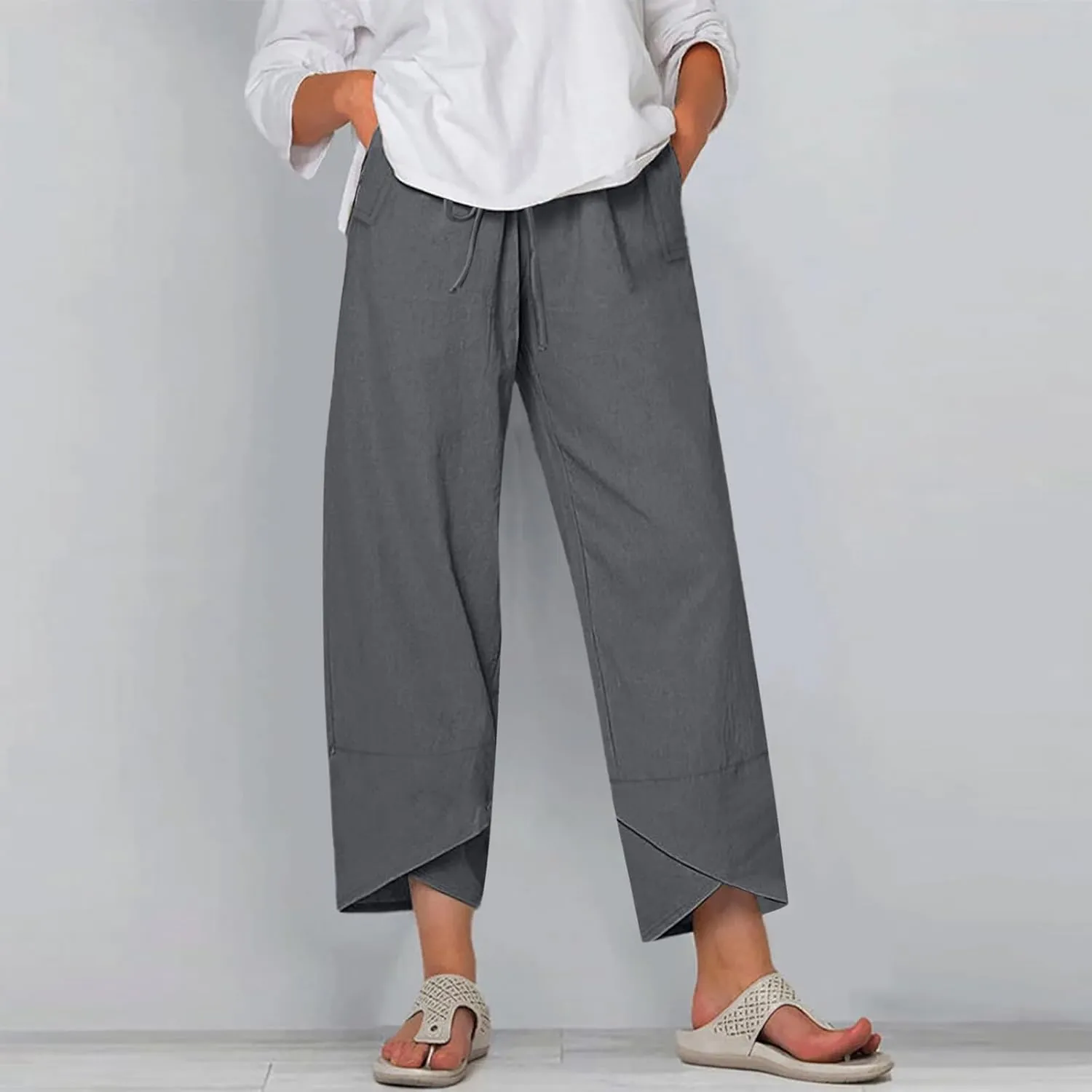 DASAYO Summer Pants for Women Trendy Drawstringg Elastic Wasit Linen Pants Casual Loose Straight Leg Trousers with Pockets