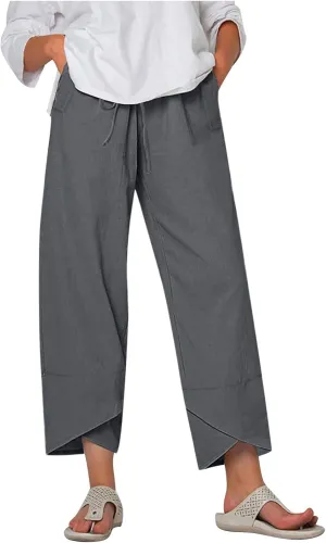 DASAYO Summer Pants for Women Trendy Drawstringg Elastic Wasit Linen Pants Casual Loose Straight Leg Trousers with Pockets