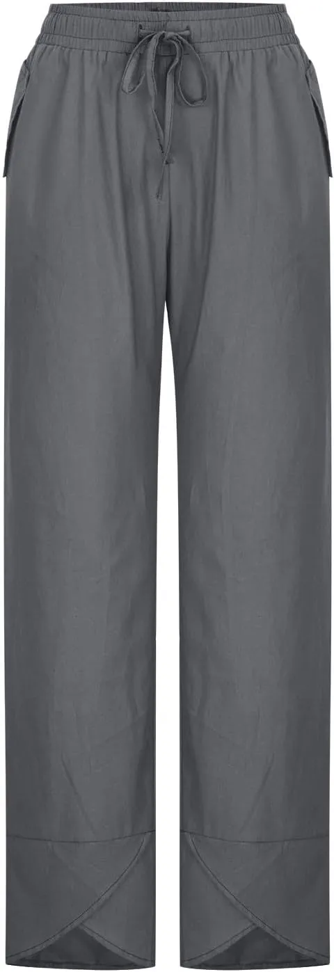 DASAYO Summer Pants for Women Trendy Drawstringg Elastic Wasit Linen Pants Casual Loose Straight Leg Trousers with Pockets