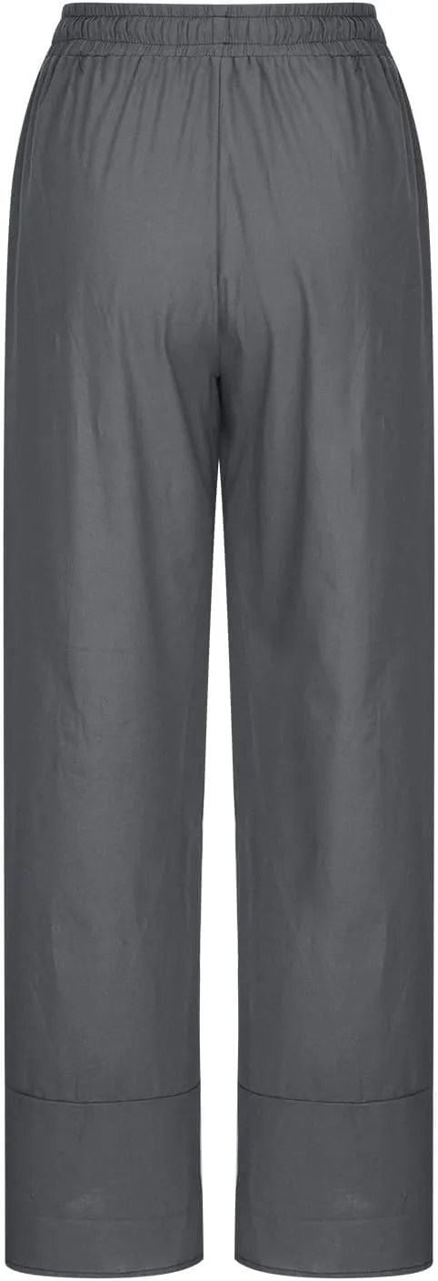 DASAYO Summer Pants for Women Trendy Drawstringg Elastic Wasit Linen Pants Casual Loose Straight Leg Trousers with Pockets