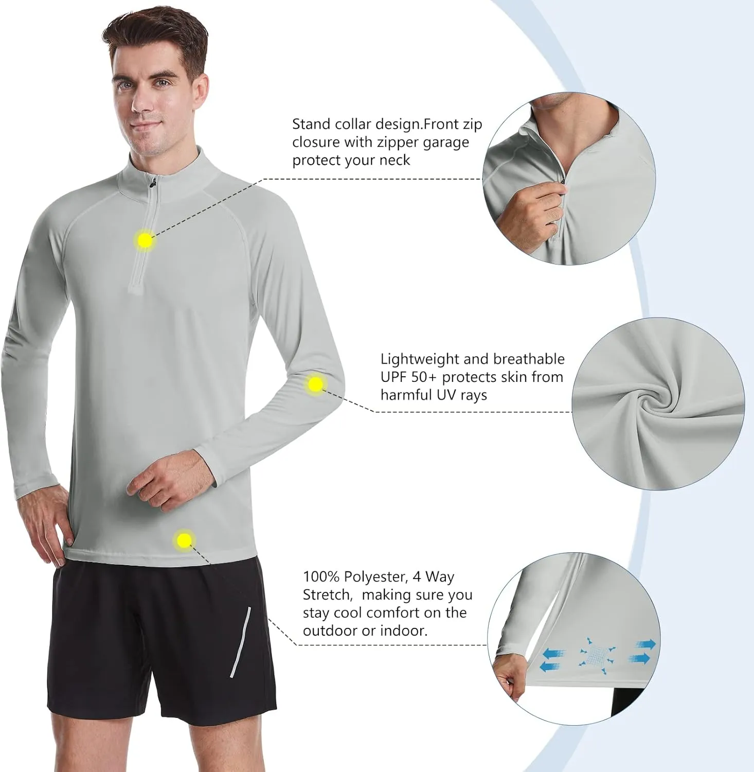 DAYOUNG Mens Zip Pullover UPF 50  Sun Protection Long Sleeve Hiking Fishing Outdoors Performance T-Shirt