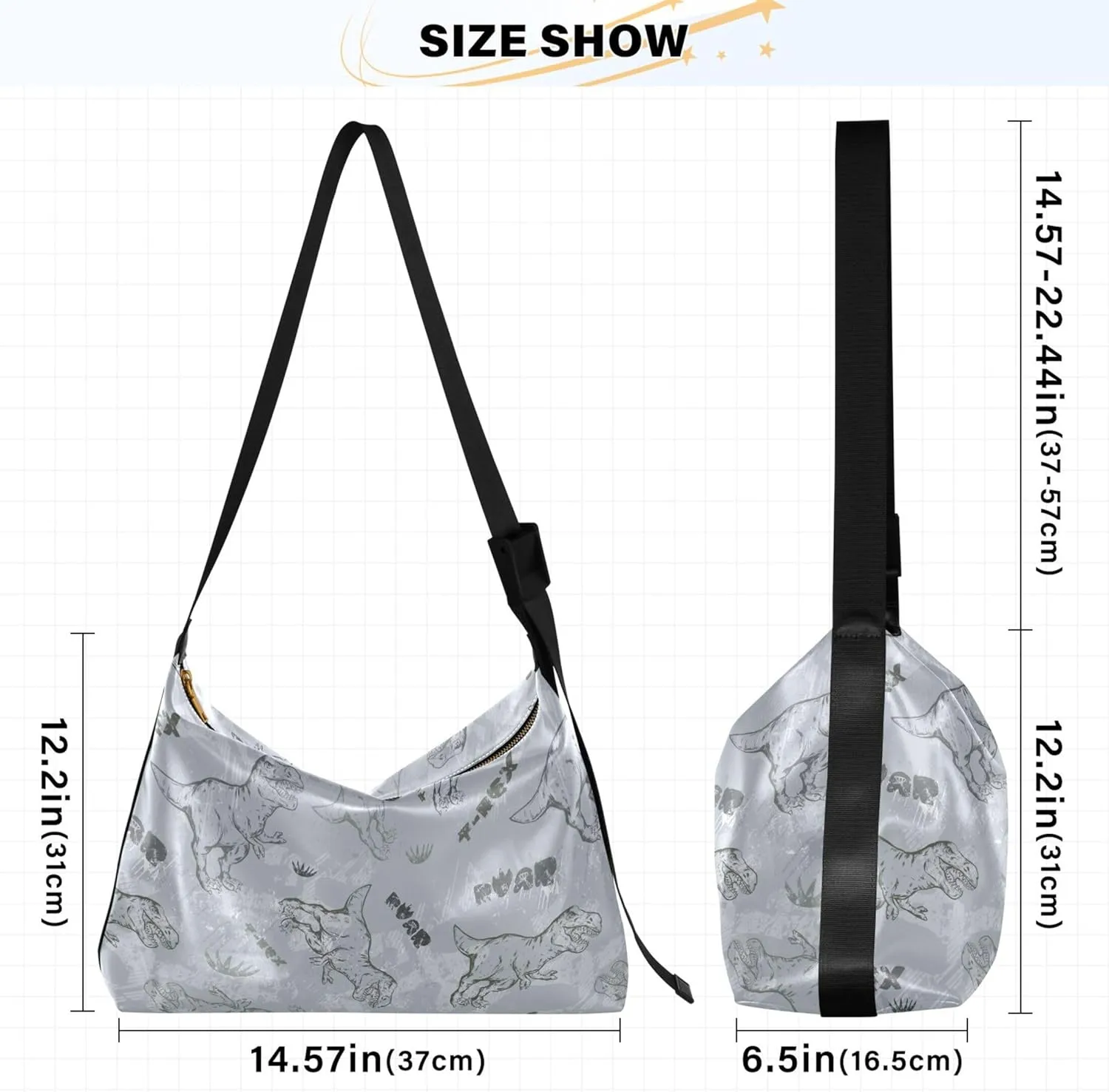 Dino Trex Roar Gray Hobo Women Handbag Leather Large Crossbody Purses Cartoon Animal Print Designer Shoulder Purse