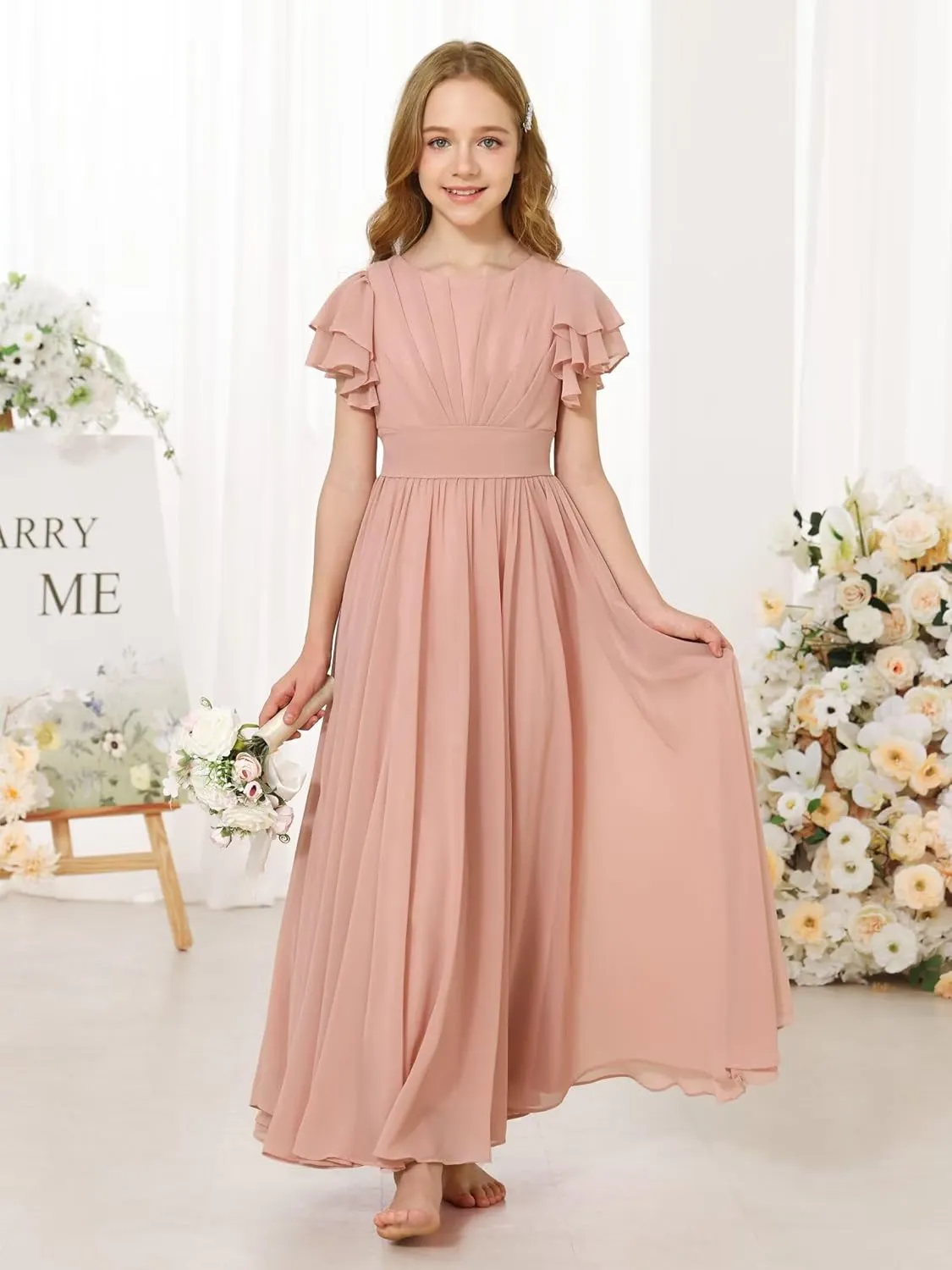 Dresses for Girls Ruffle Sleeve Flower Girl Dress Chiffon Toddler Pretty Wedding Party Bridesmaids Maxi Dress