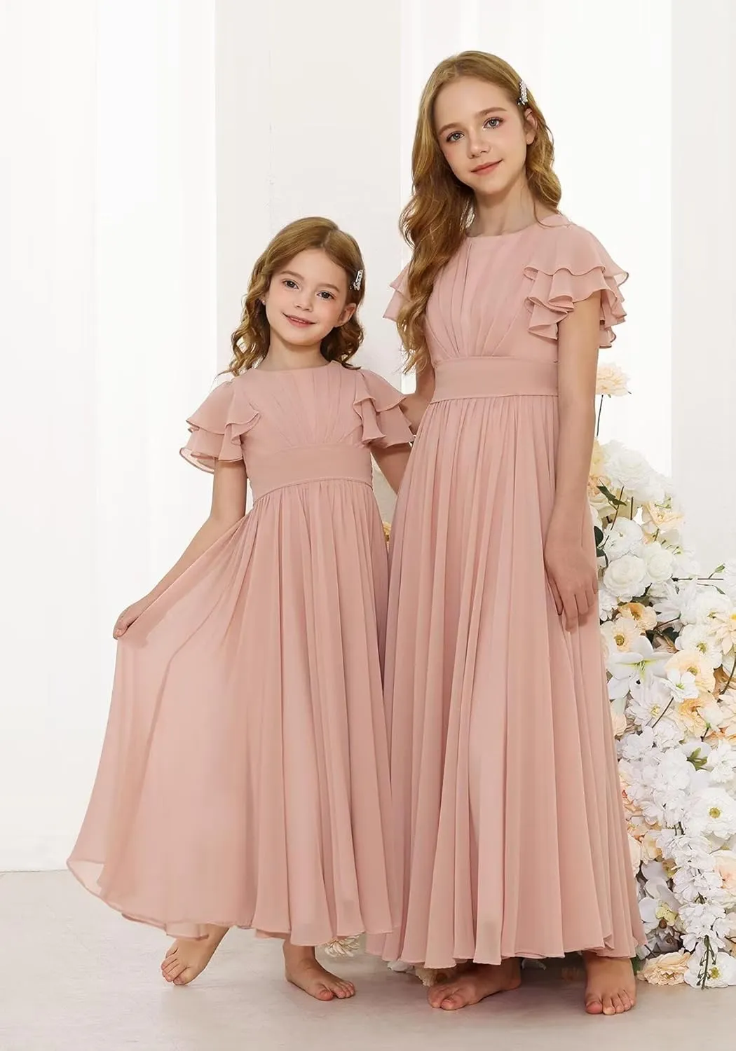 Dresses for Girls Ruffle Sleeve Flower Girl Dress Chiffon Toddler Pretty Wedding Party Bridesmaids Maxi Dress
