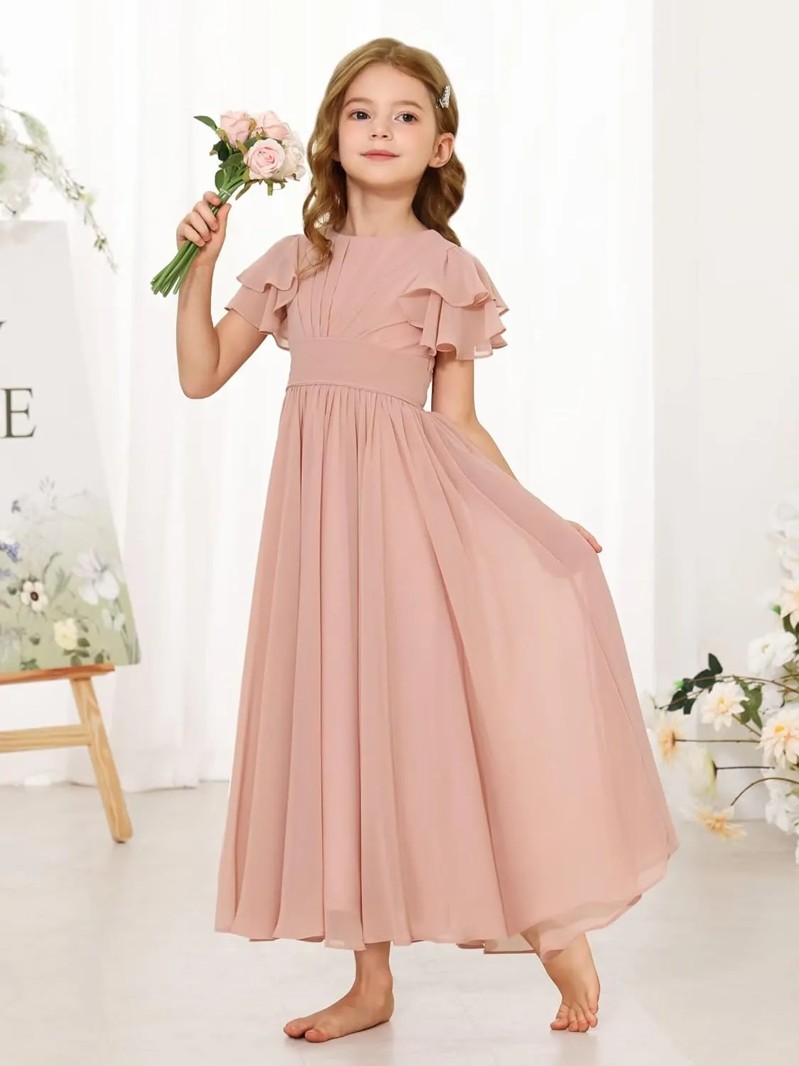 Dresses for Girls Ruffle Sleeve Flower Girl Dress Chiffon Toddler Pretty Wedding Party Bridesmaids Maxi Dress