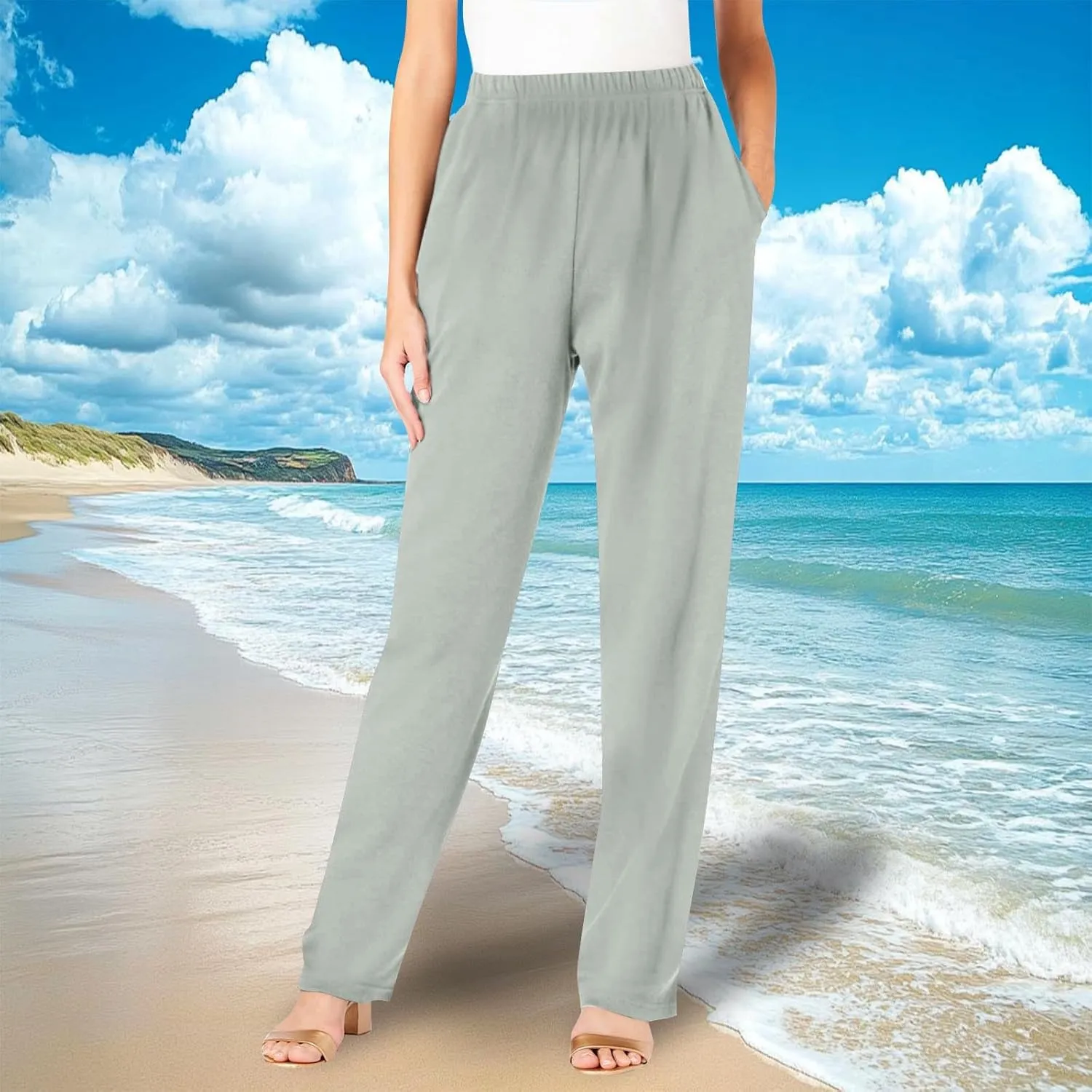 Elastic Waist Pants for Women High Waisted Casual Pants Linen Office Work Stretchy Tapered Lounge with Pockets