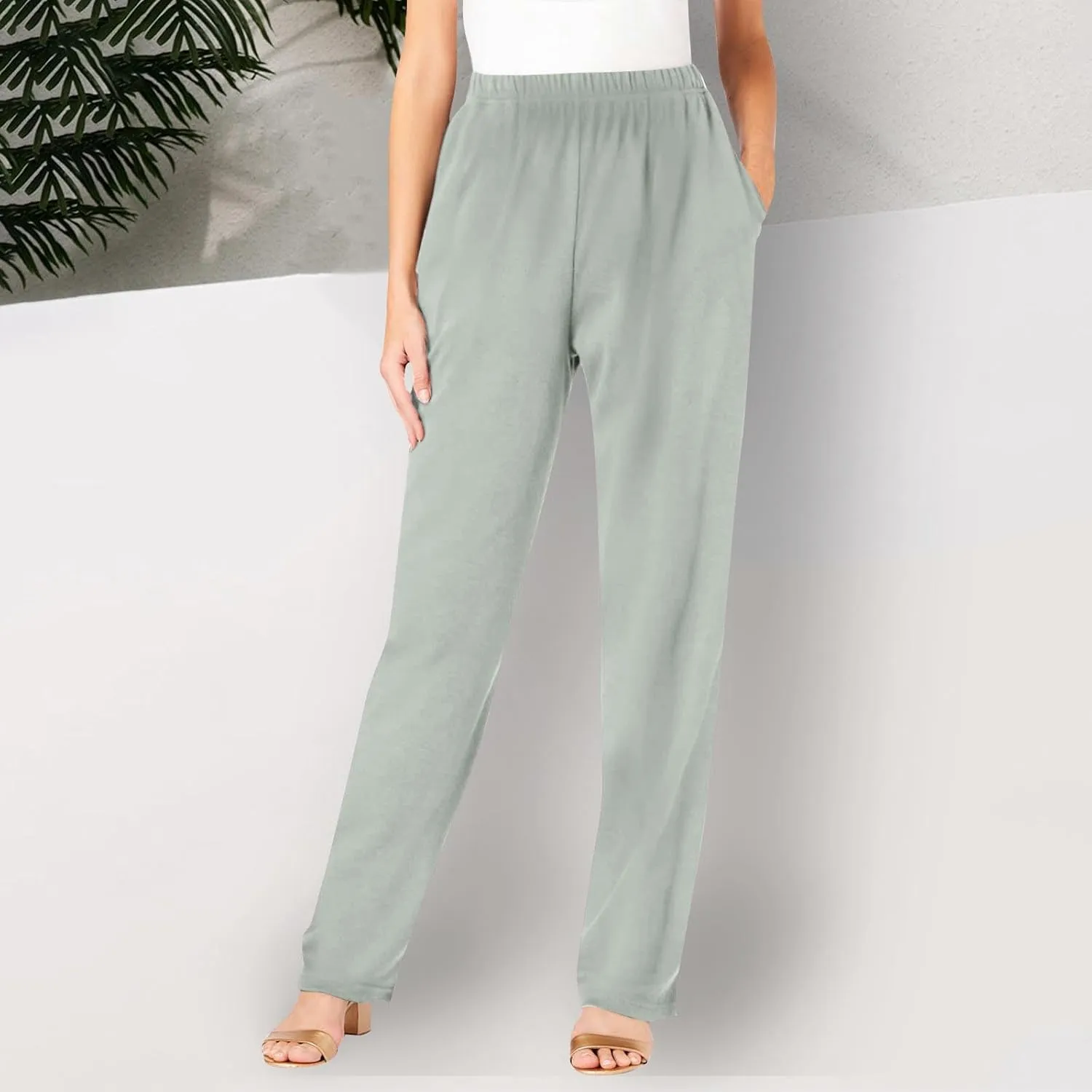 Elastic Waist Pants for Women High Waisted Casual Pants Linen Office Work Stretchy Tapered Lounge with Pockets