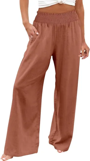 Elastic Waist Wide Leg Linen Pants for Women Pleated Pull On Slacks Dressy Casual Loose Comfy Work Trousers w/Pockets