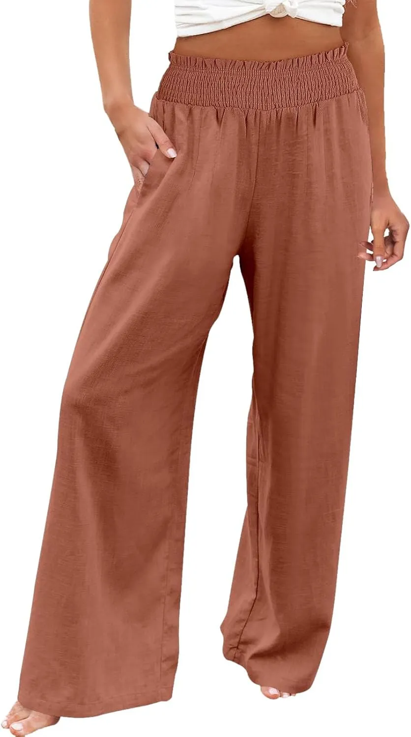 Elastic Waist Wide Leg Linen Pants for Women Pleated Pull On Slacks Dressy Casual Loose Comfy Work Trousers w/Pockets