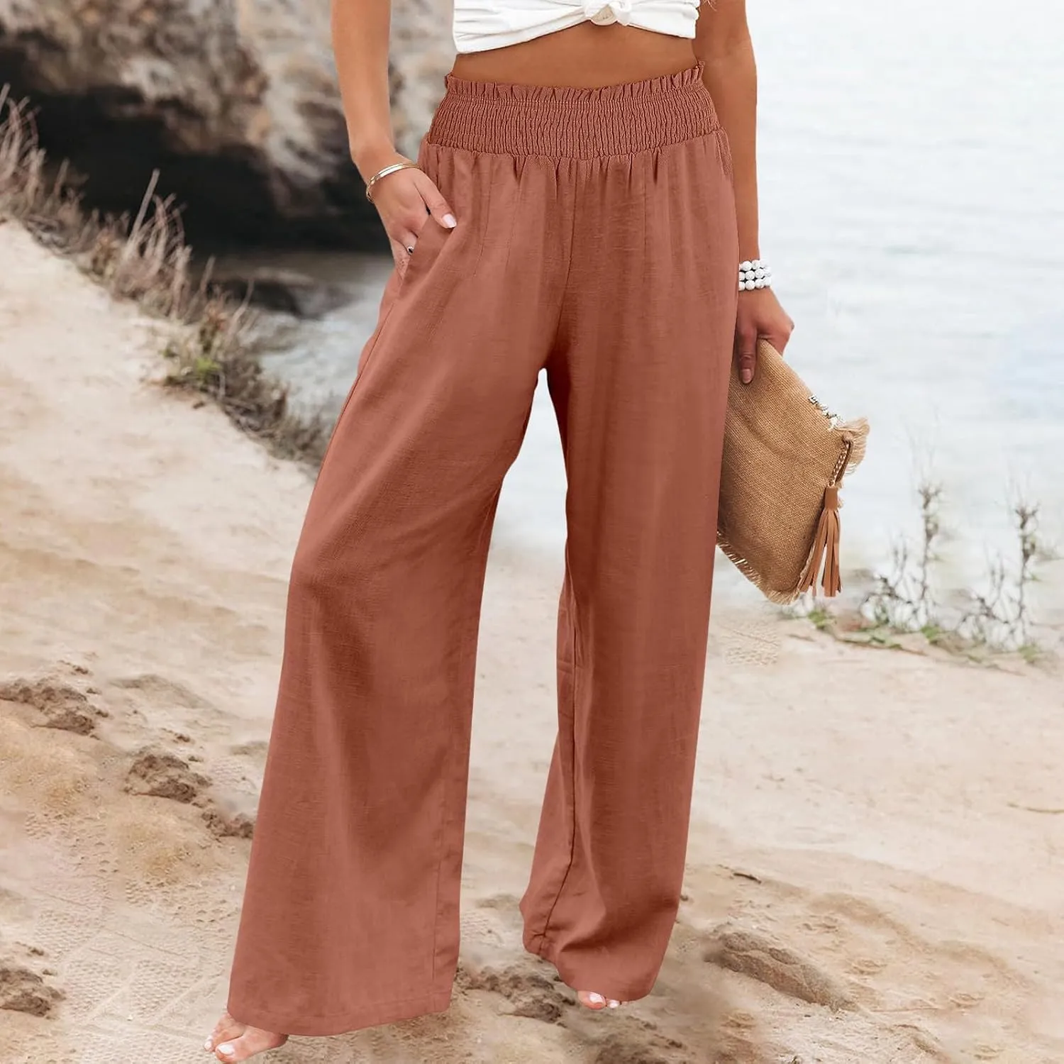 Elastic Waist Wide Leg Linen Pants for Women Pleated Pull On Slacks Dressy Casual Loose Comfy Work Trousers w/Pockets