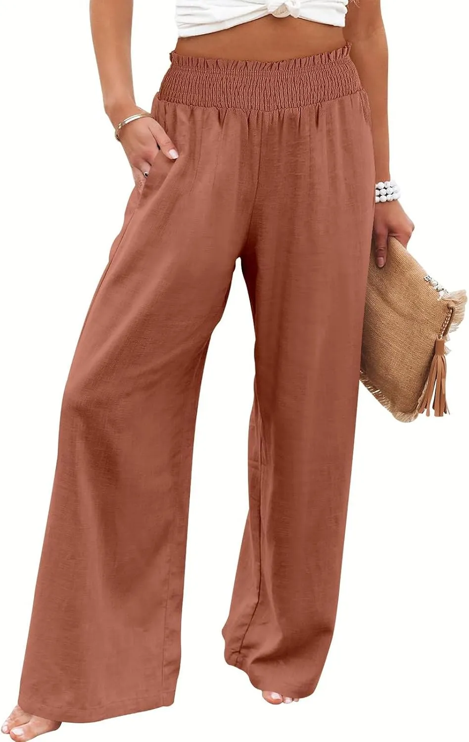 Elastic Waist Wide Leg Linen Pants for Women Pleated Pull On Slacks Dressy Casual Loose Comfy Work Trousers w/Pockets
