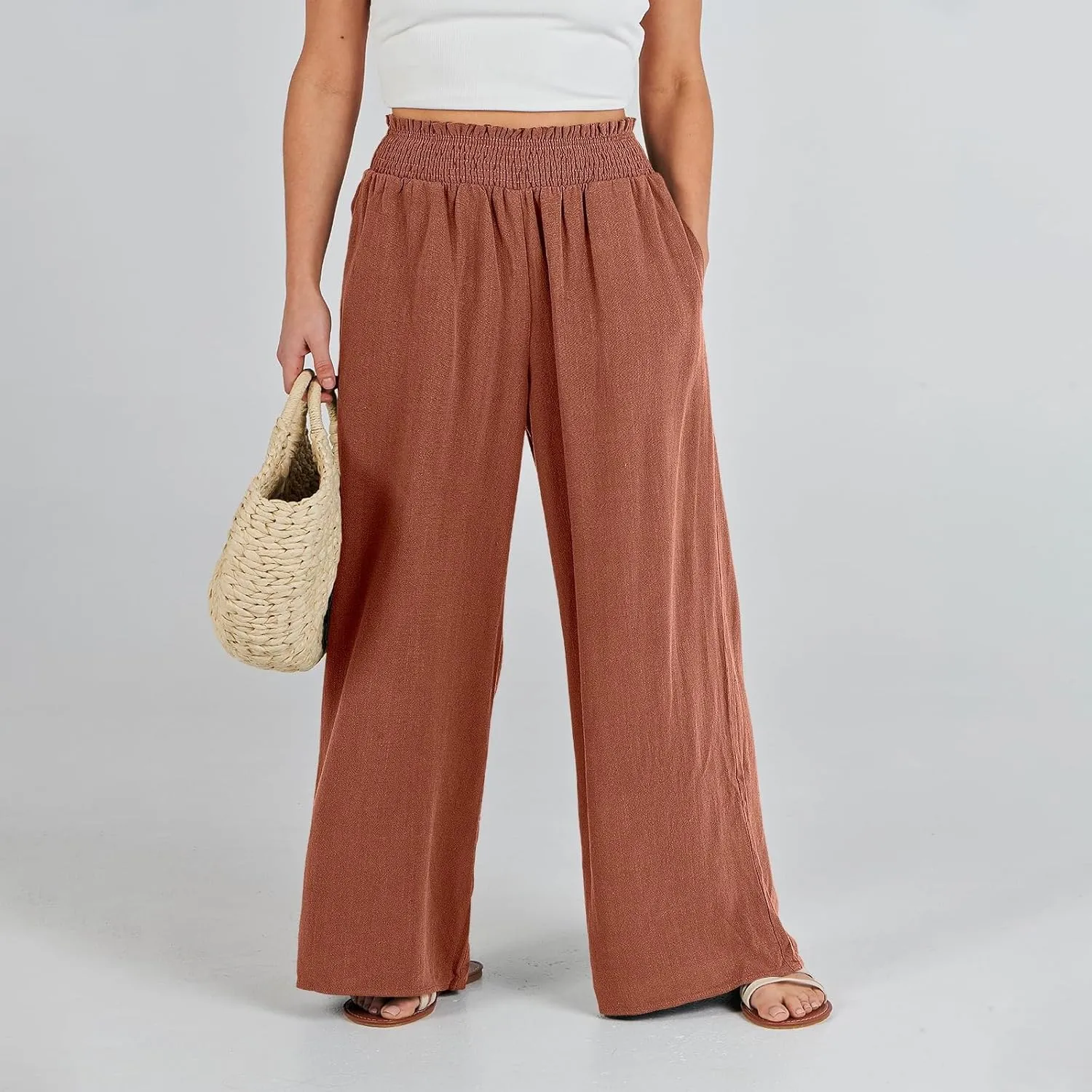 Elastic Waist Wide Leg Linen Pants for Women Pleated Pull On Slacks Dressy Casual Loose Comfy Work Trousers w/Pockets