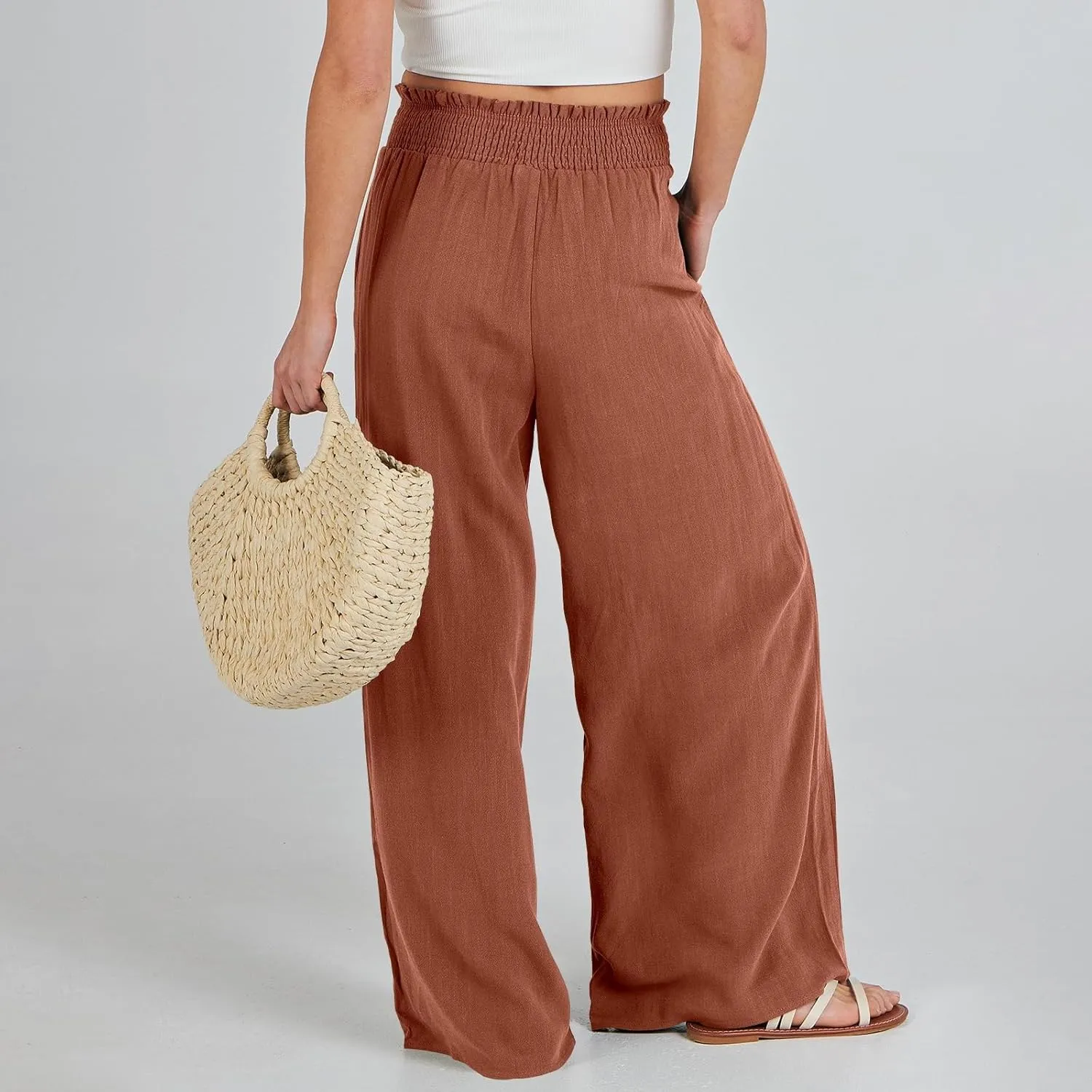 Elastic Waist Wide Leg Linen Pants for Women Pleated Pull On Slacks Dressy Casual Loose Comfy Work Trousers w/Pockets