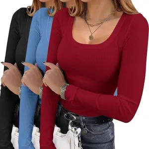ELESOL Womens 3 Pack Long Sleeve Shirts Square Neck Basic Ribbed Tops Tee Thermal Undershirts