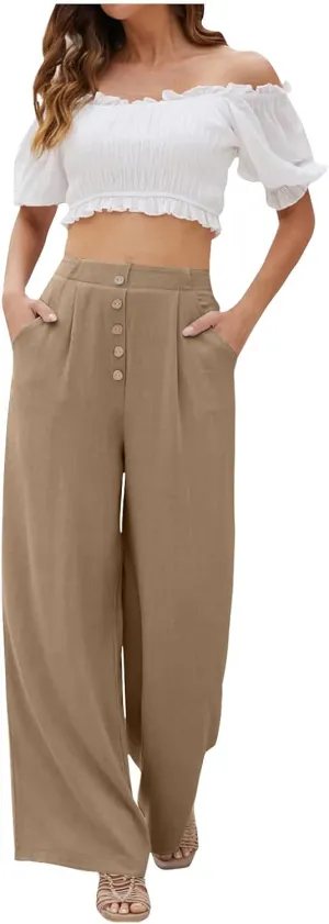 eoeioa Linen Wide Leg Dress Pants for Women Trendy High Waist Button Lounge Trousers Baggy Pockets Straight Fit Palazzo Pants