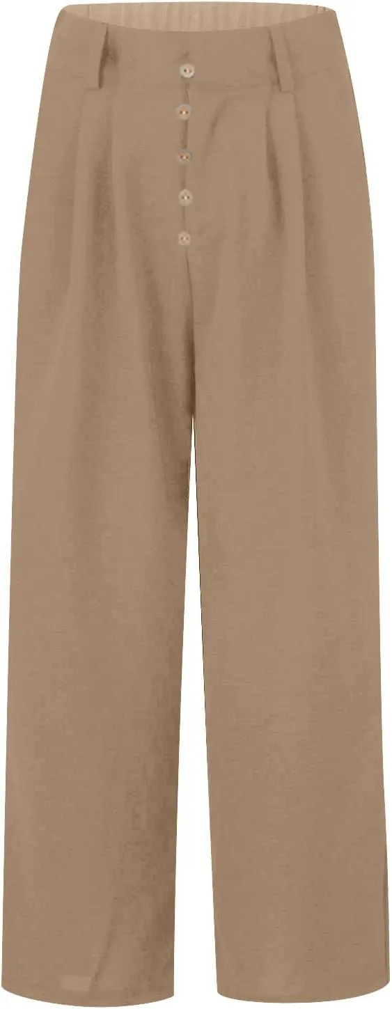 eoeioa Linen Wide Leg Dress Pants for Women Trendy High Waist Button Lounge Trousers Baggy Pockets Straight Fit Palazzo Pants