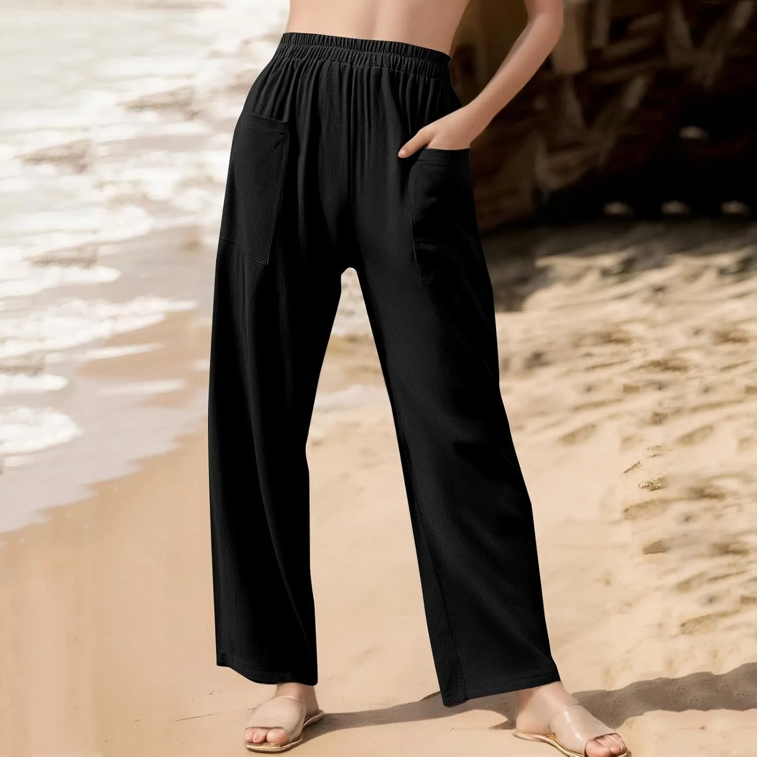 fanmpghleoo Linen Pants Women Casual Elastic Waist Wide Leg Linen Pants for Women Baggy Lightweight Lounge Pants with Pockets
