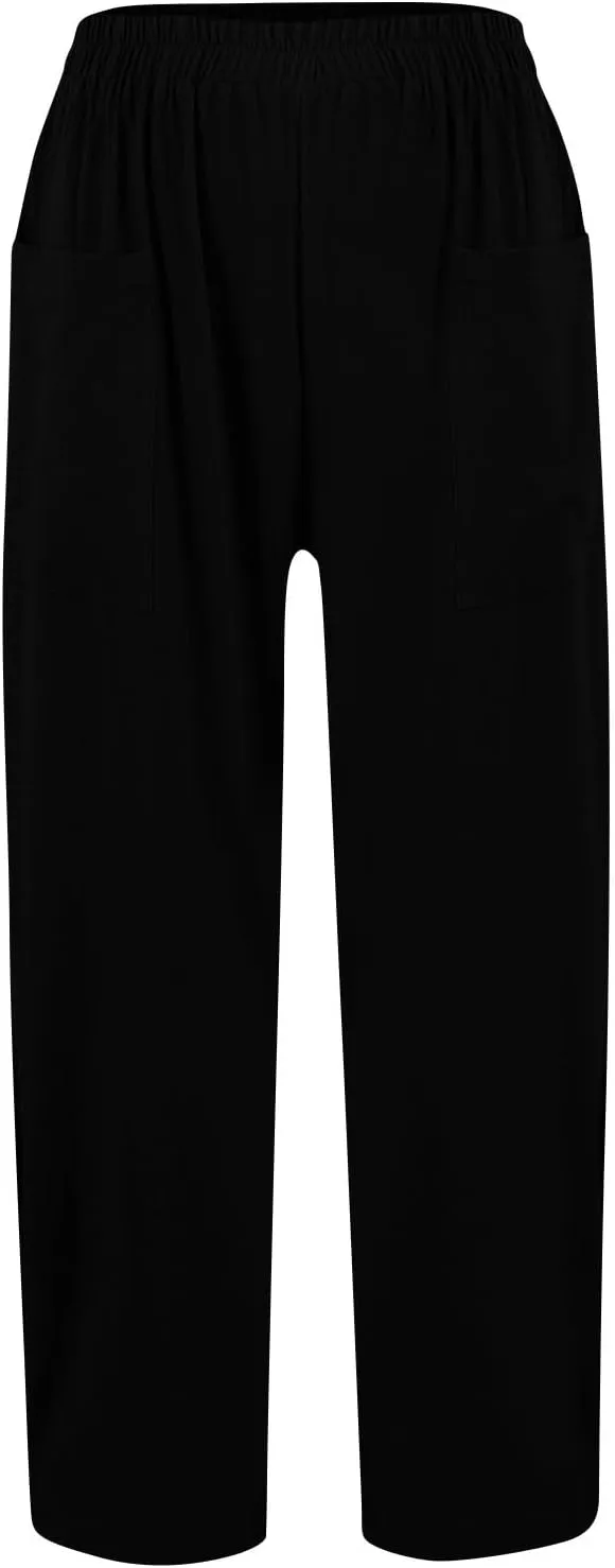 fanmpghleoo Linen Pants Women Casual Elastic Waist Wide Leg Linen Pants for Women Baggy Lightweight Lounge Pants with Pockets
