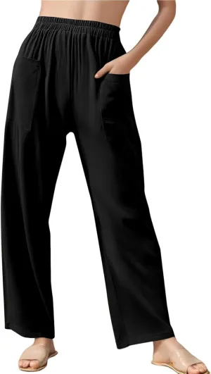 fanmpghleoo Linen Pants Women Casual Elastic Waist Wide Leg Linen Pants for Women Baggy Lightweight Lounge Pants with Pockets