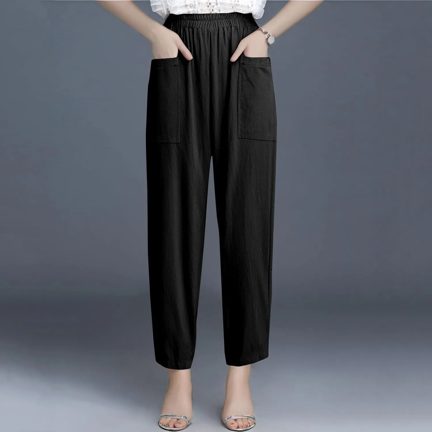 fanmpghleoo Linen Pants Women Casual Elastic Waist Wide Leg Linen Pants for Women Baggy Lightweight Lounge Pants with Pockets