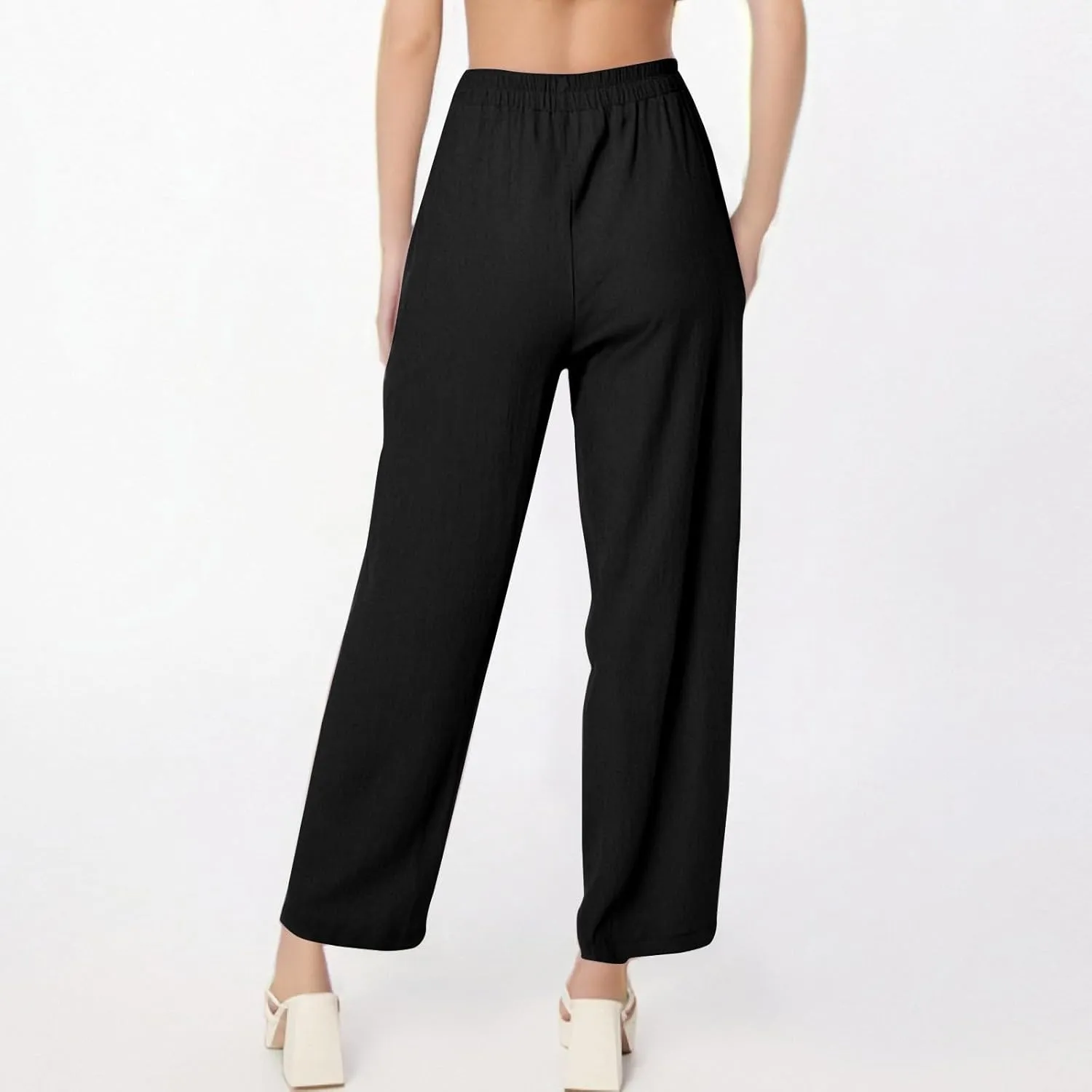 fanmpghleoo Linen Pants Women Casual Elastic Waist Wide Leg Linen Pants for Women Baggy Lightweight Lounge Pants with Pockets