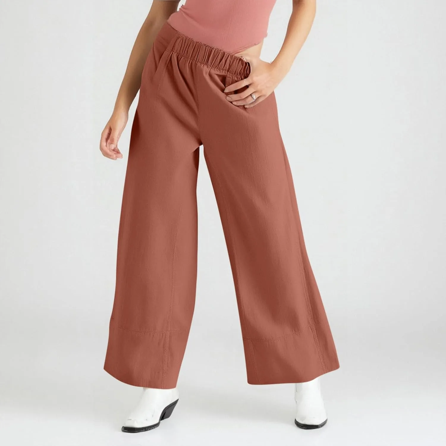 fanmpghleoo Wide Leg Linen Pants for Women Elastic High Waisted Palazzo Pants Summer Beach Travel Linen Trousers with Pockets