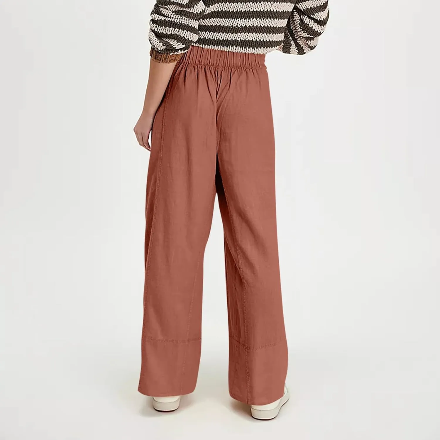 fanmpghleoo Wide Leg Linen Pants for Women Elastic High Waisted Palazzo Pants Summer Beach Travel Linen Trousers with Pockets