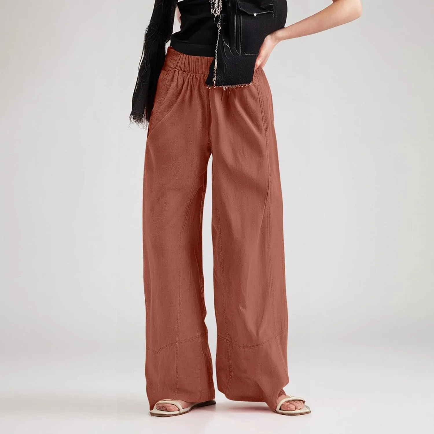 fanmpghleoo Wide Leg Linen Pants for Women Elastic High Waisted Palazzo Pants Summer Beach Travel Linen Trousers with Pockets