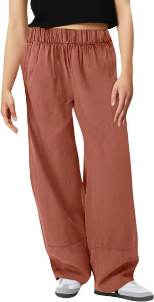 fanmpghleoo Wide Leg Linen Pants for Women Elastic High Waisted Palazzo Pants Summer Beach Travel Linen Trousers with Pockets