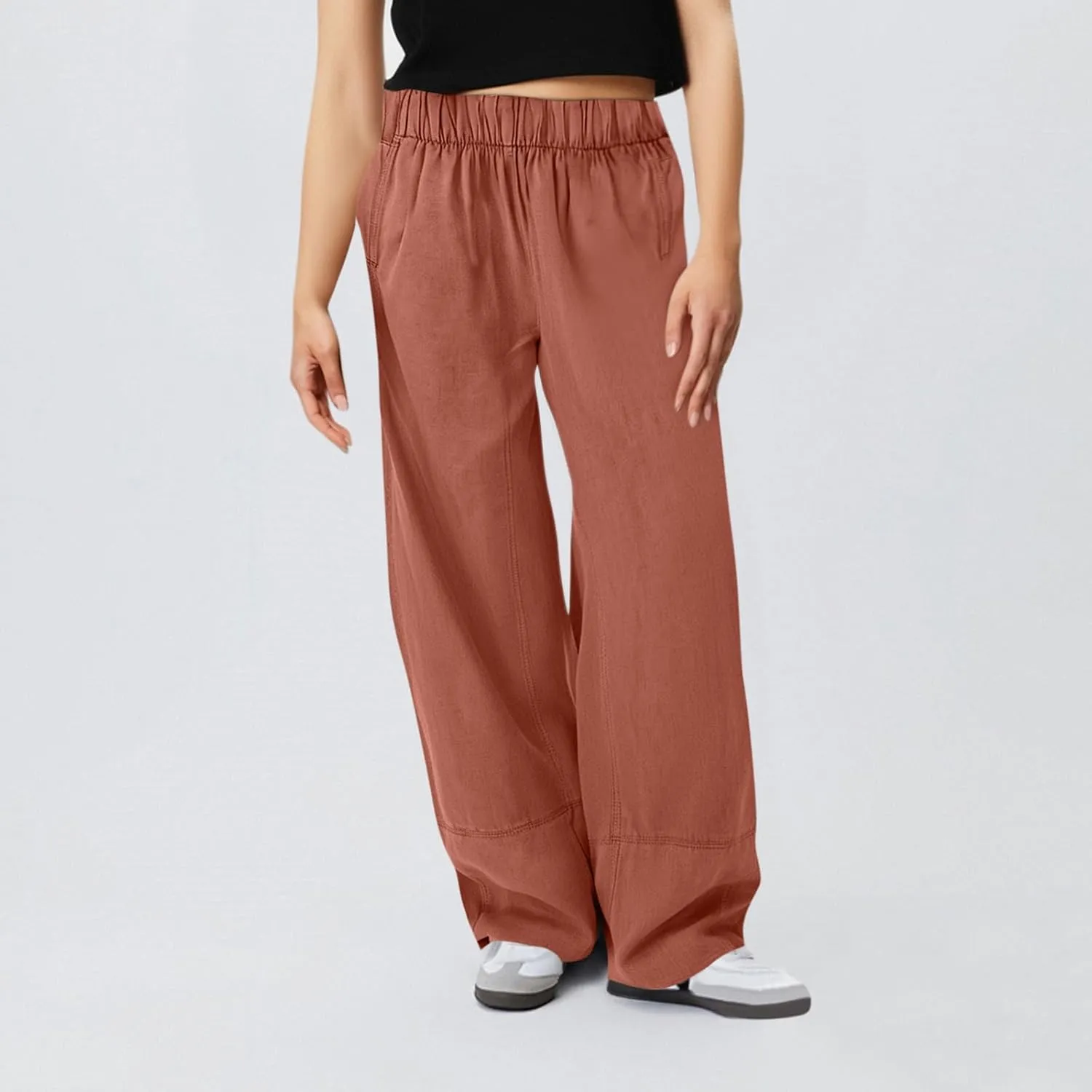 fanmpghleoo Wide Leg Linen Pants for Women Elastic High Waisted Palazzo Pants Summer Beach Travel Linen Trousers with Pockets