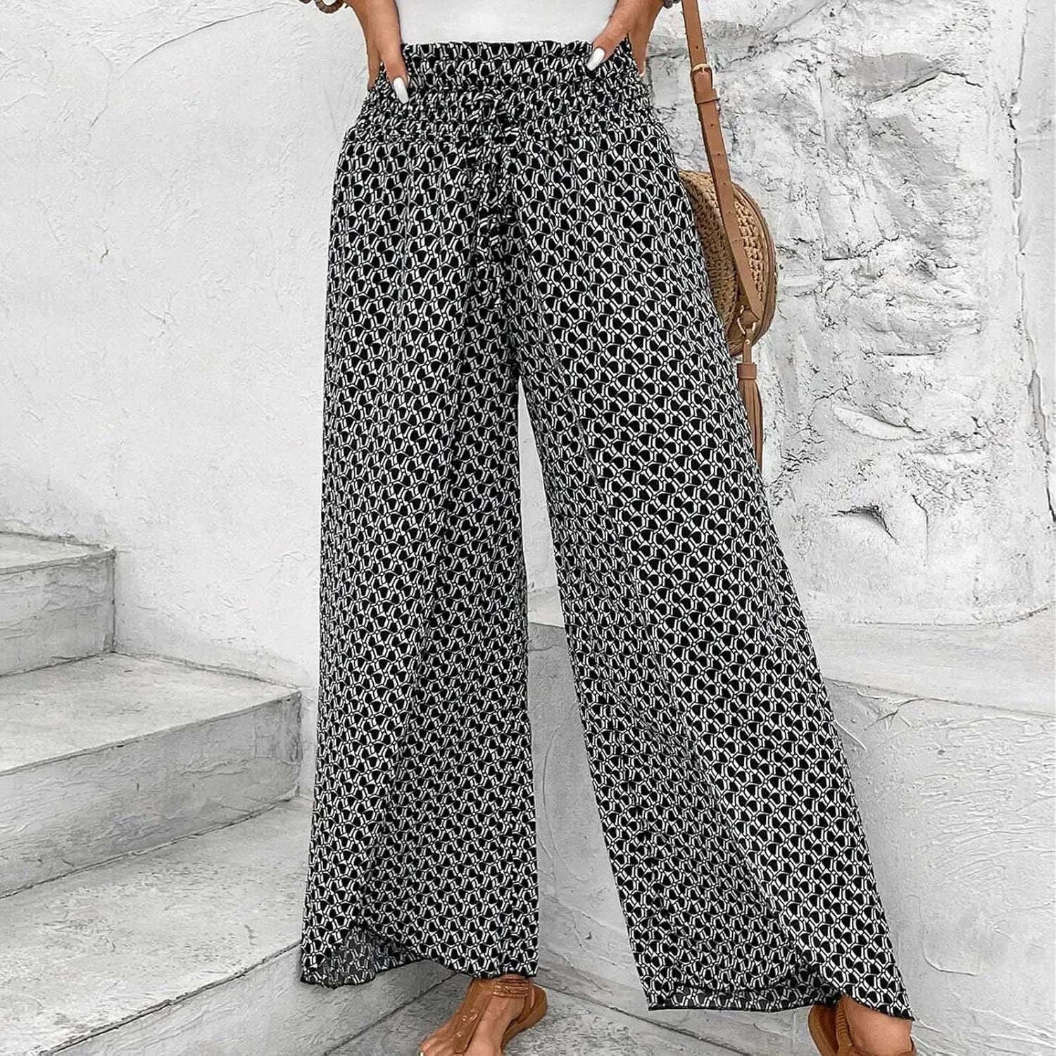 Fashion Drawstring Summer Pant for Womens Wide Leg Pants High Waist Flowy Trousers Floral Fitting Casual Lounge Pants