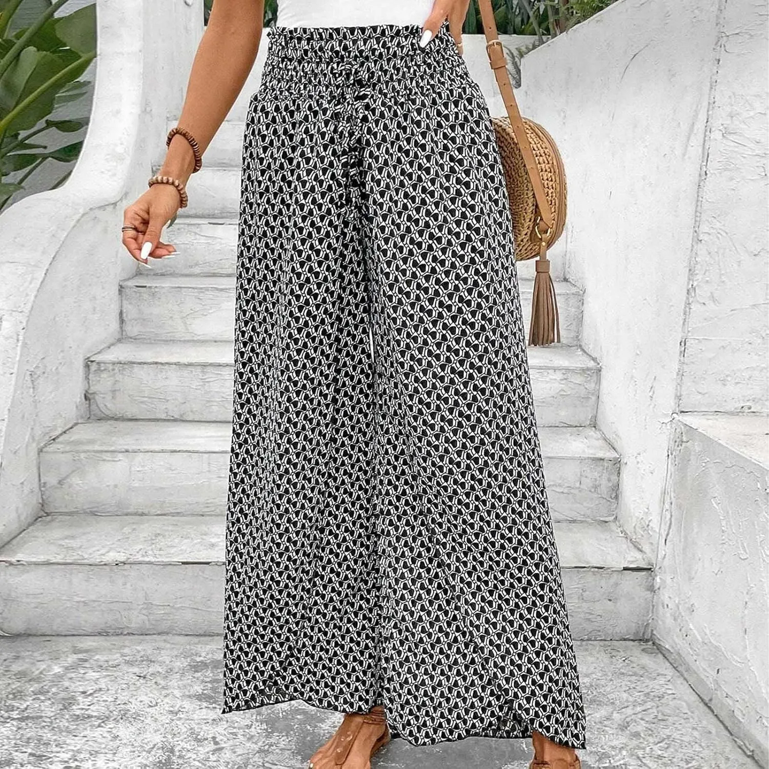 Fashion Drawstring Summer Pant for Womens Wide Leg Pants High Waist Flowy Trousers Floral Fitting Casual Lounge Pants