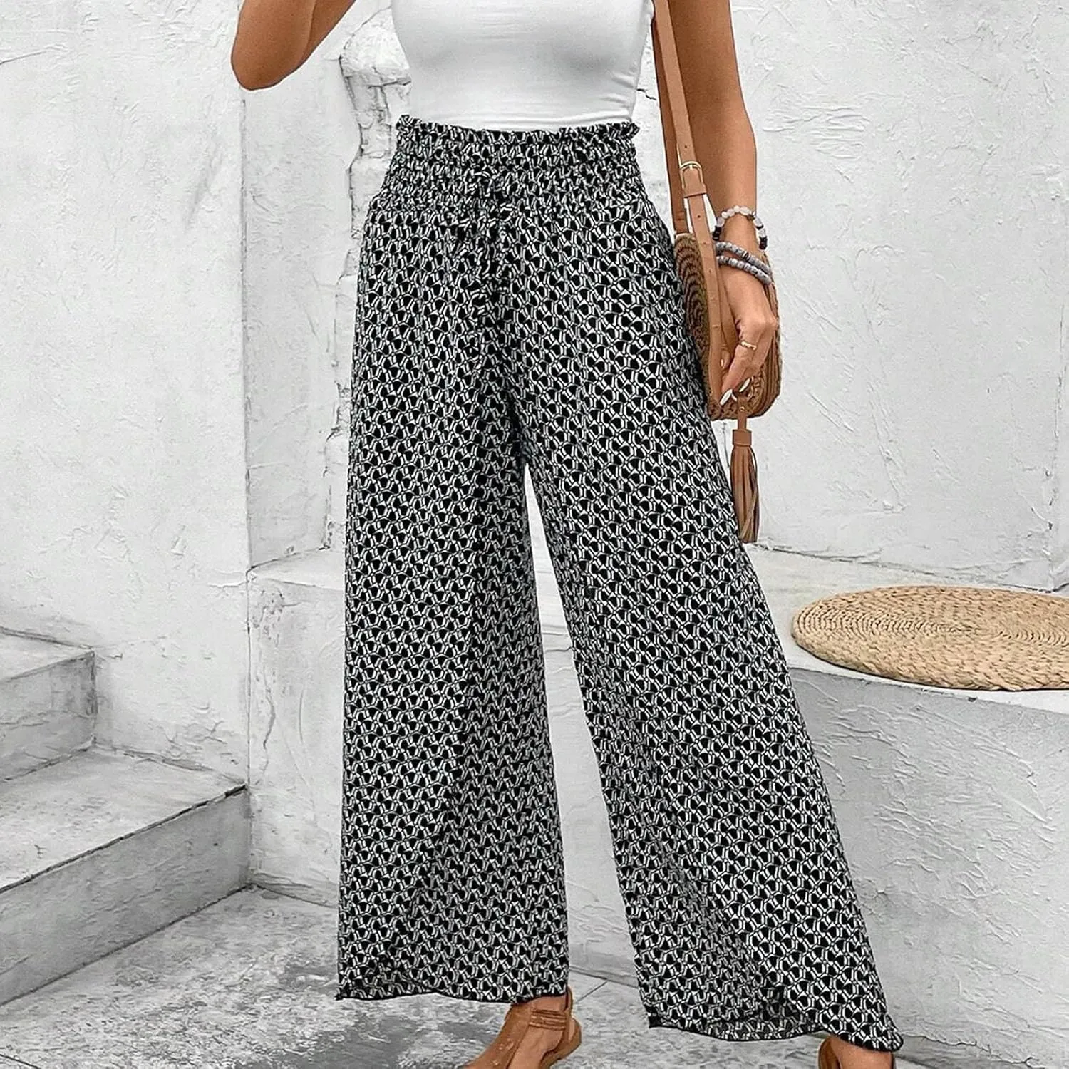 Fashion Drawstring Summer Pant for Womens Wide Leg Pants High Waist Flowy Trousers Floral Fitting Casual Lounge Pants