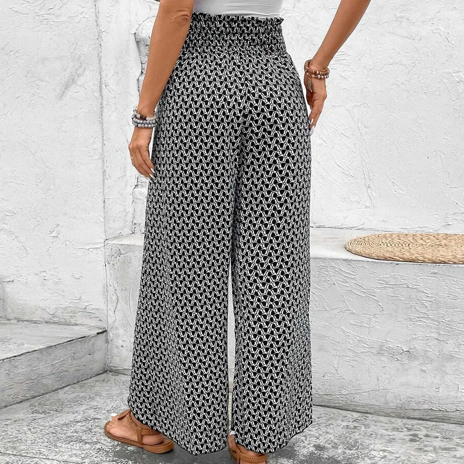 Fashion Drawstring Summer Pant for Womens Wide Leg Pants High Waist Flowy Trousers Floral Fitting Casual Lounge Pants
