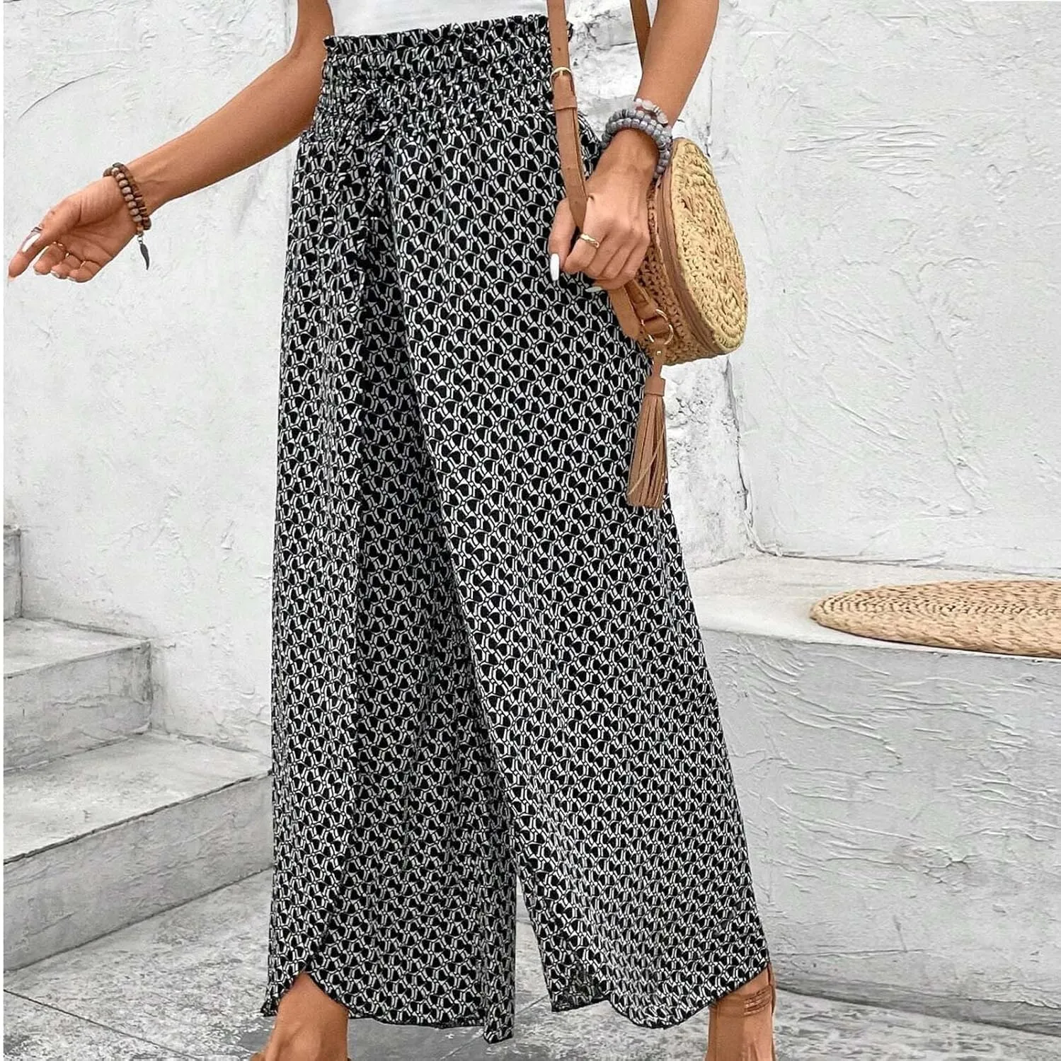 Fashion Drawstring Summer Pant for Womens Wide Leg Pants High Waist Flowy Trousers Floral Fitting Casual Lounge Pants