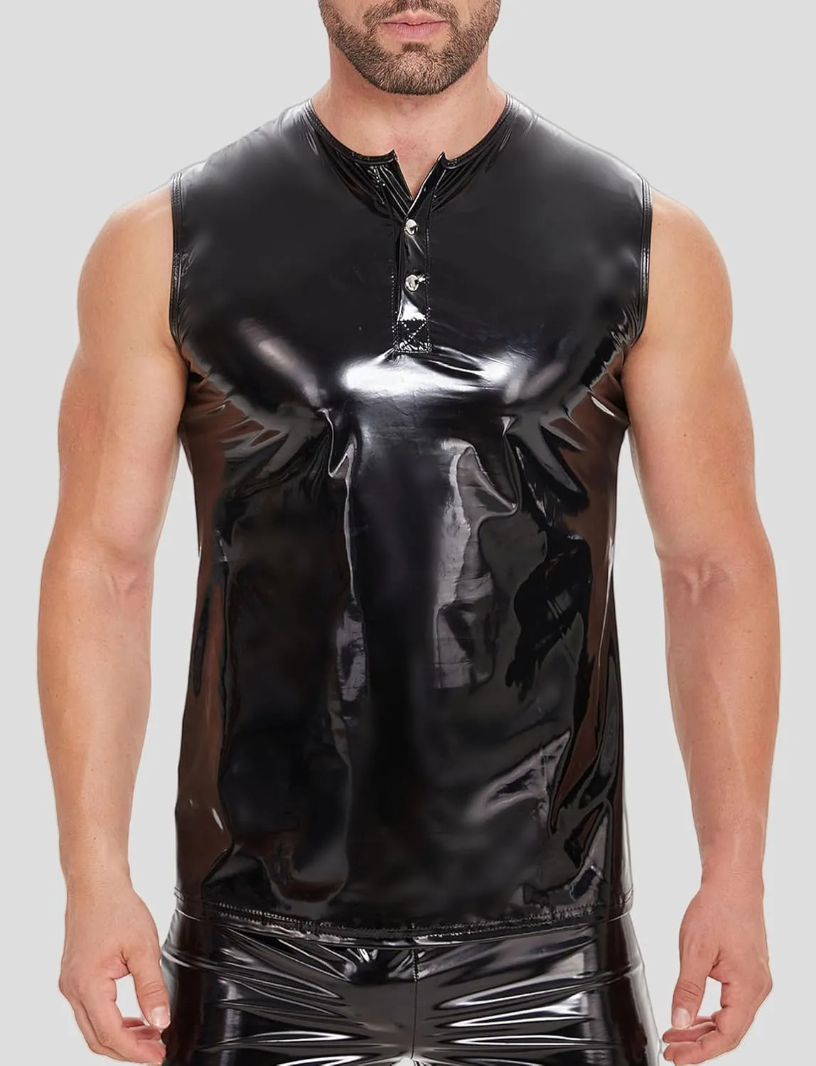 FEOYA Men's Sexy Faux Leather Tank Top PU Wetlook Sleeveless Slim Fit Vest Undershirt Muscle T-Shirt for Party
